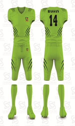 Custom sublimated American football uniform with team logo, player name, and number in premium performance fabric.