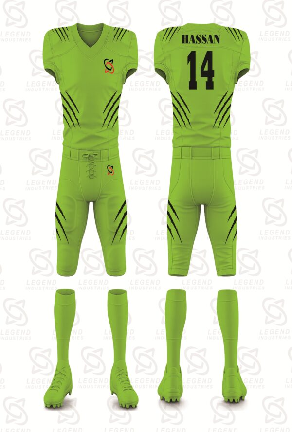 Custom sublimated American football uniform with team logo, player name, and number in premium performance fabric.