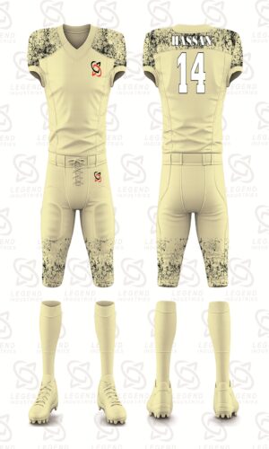 Professional sublimated American football jersey with custom team colors, logo, player name, and num