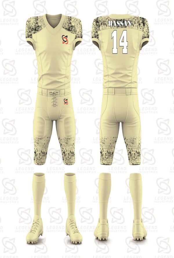 Professional sublimated American football jersey with custom team colors, logo, player name, and num