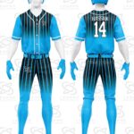 Custom sublimated baseball jersey with team logo, player name, and number manufactured for wholesale sportswear brands.