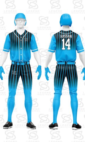 Custom sublimated baseball jersey with team logo, player name, and number manufactured for wholesale sportswear brands.