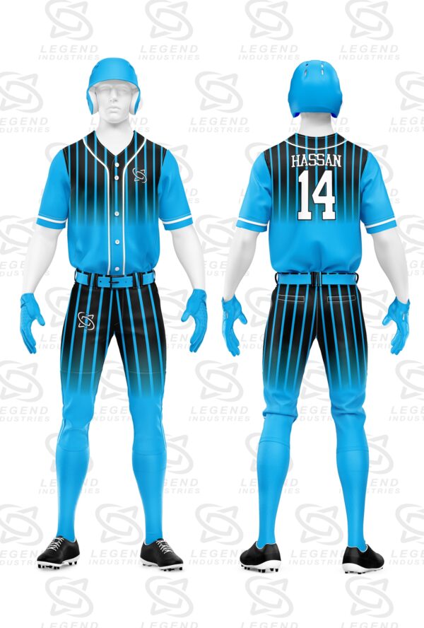 Custom sublimated baseball jersey with team logo, player name, and number manufactured for wholesale sportswear brands.