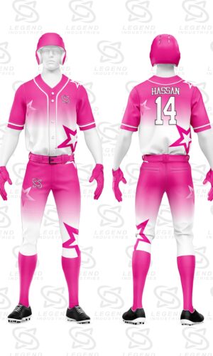 Complete custom baseball uniform including jersey and pants manufactured with sublimation printing for teams and wholesalers.