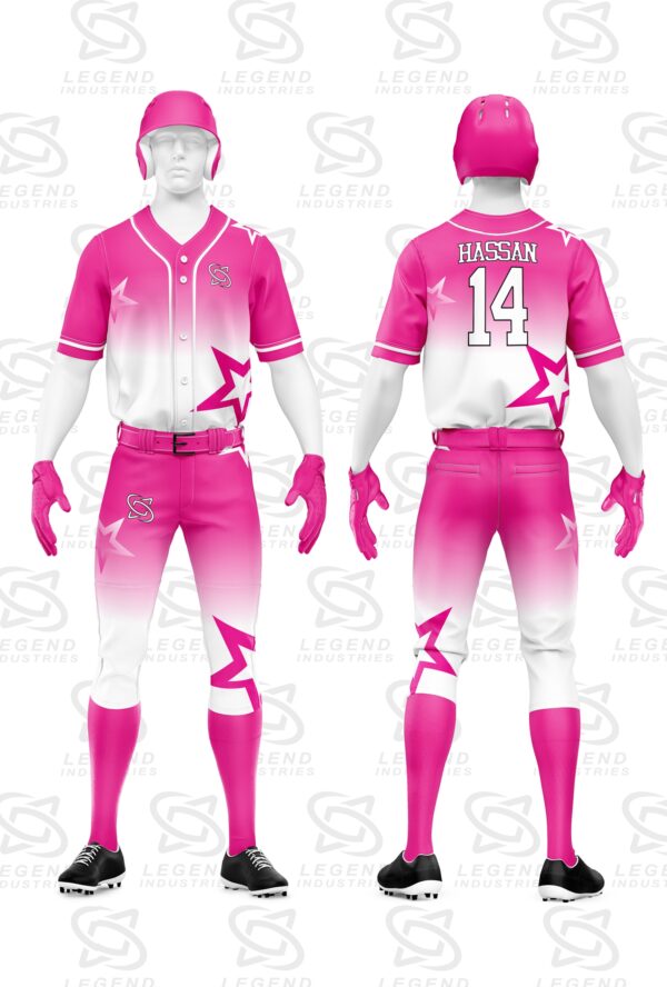 Complete custom baseball uniform including jersey and pants manufactured with sublimation printing for teams and wholesalers.