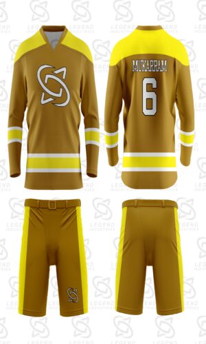 Custom sublimated ice hockey jerseys manufactured with team logos, player names, and premium performance fabric.