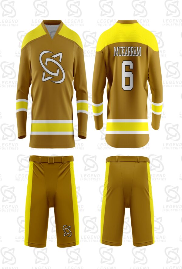 Custom sublimated ice hockey jerseys manufactured with team logos, player names, and premium performance fabric.